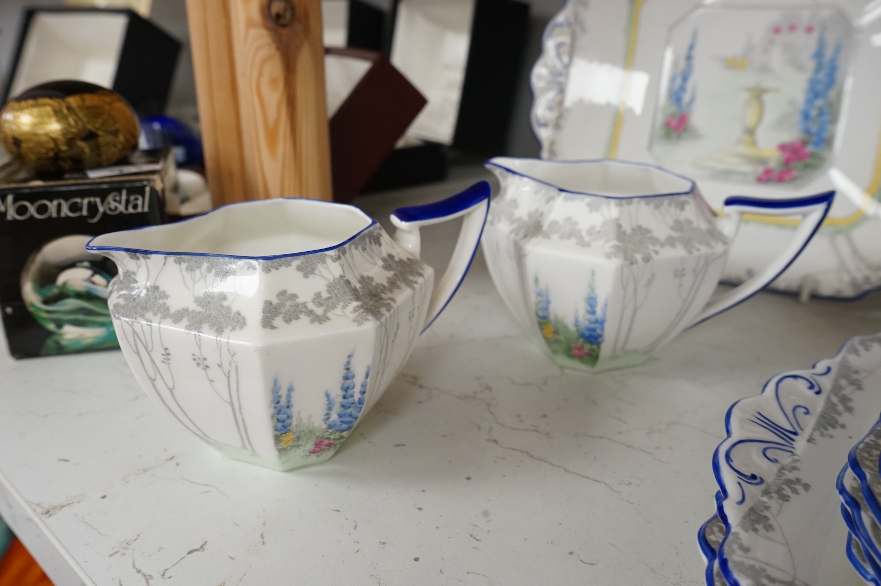 An Art Deco Shelley ‘My Garden’ part teaset to include cups, saucers, jugs and sandwich plates